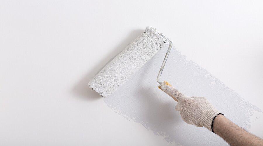 Painter painting a wall in gray with a paint roller