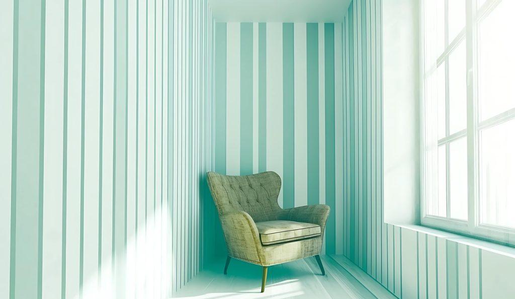 Armchair in a minimalistic striped room flooded with natural light