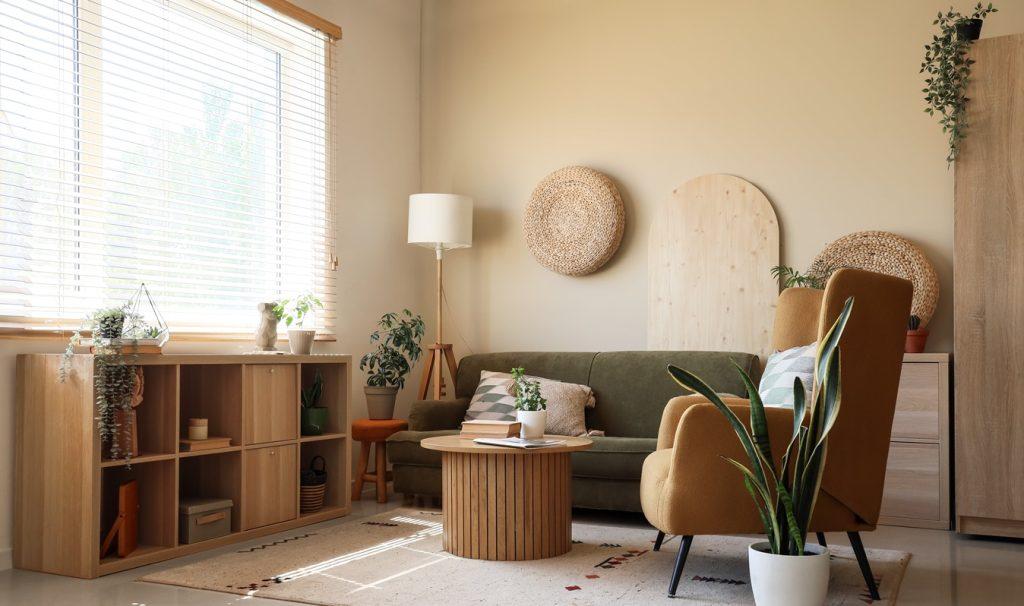 Armchair near sofa and coffee table in living room