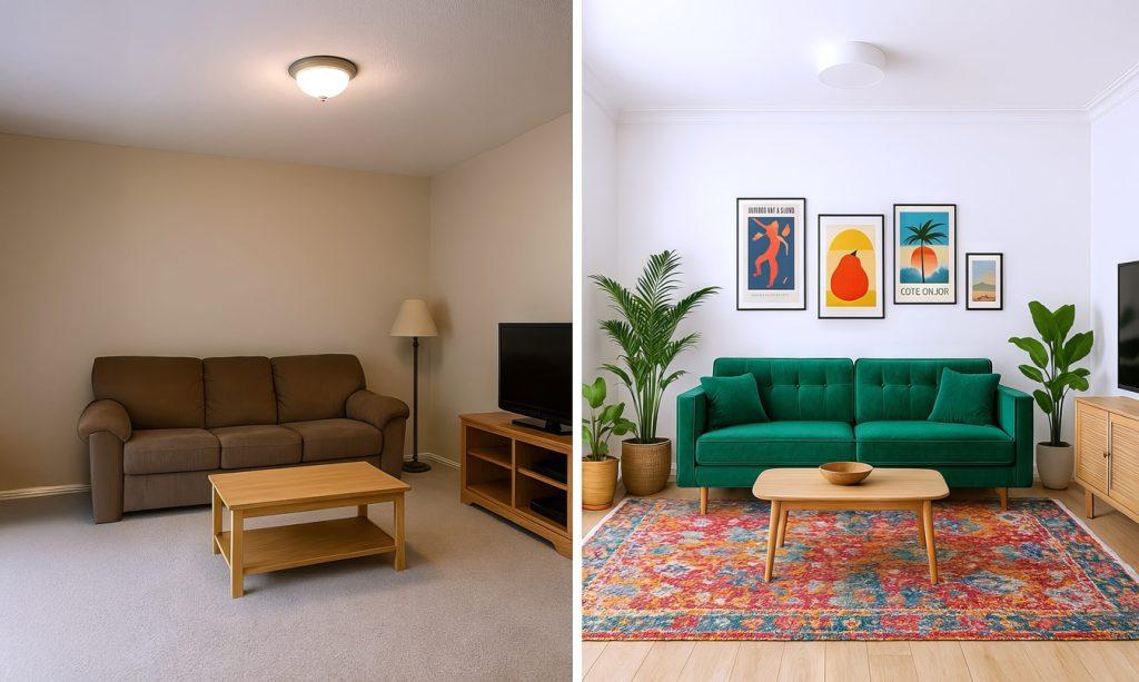 Before and after living room renovation with beige furniture replaced by a modern interior