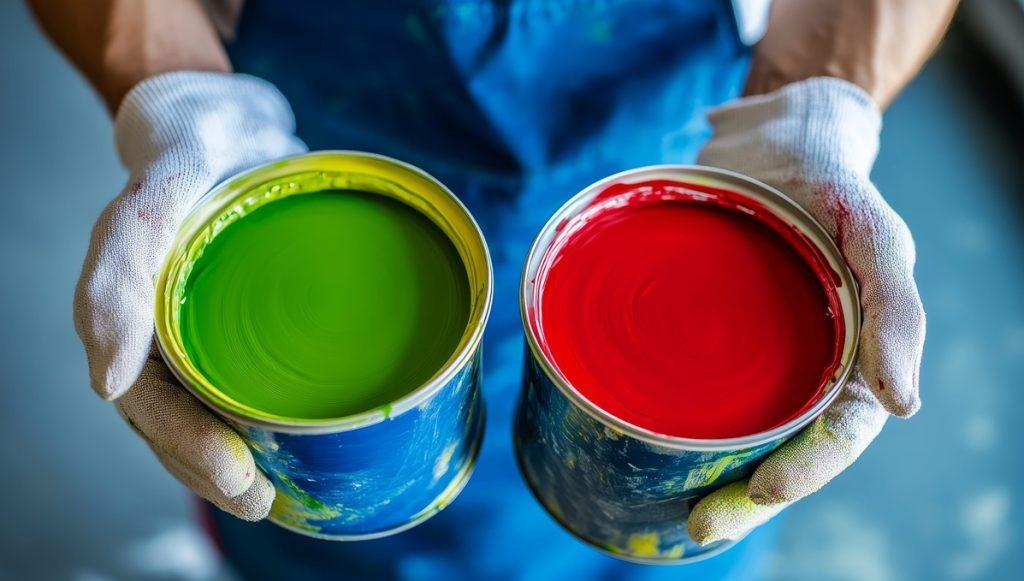 Individual engaged in a painting project with colourful paint cans in an office setting